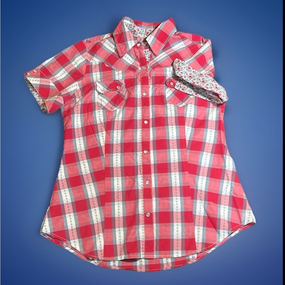 Roper Tops - Roper Women’s Red Plaid Western Pearl Snap Short Sleeve Shirt sz L